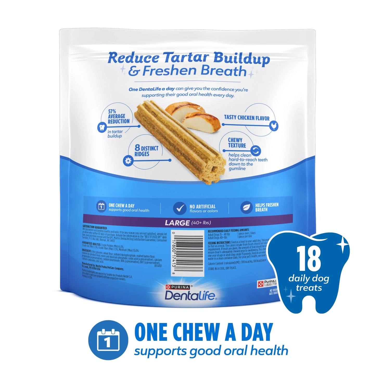 Purina Daily Oral Care Large Dog Dental Treats with Chicken, 20.7 Oz Pouch (18 Count)