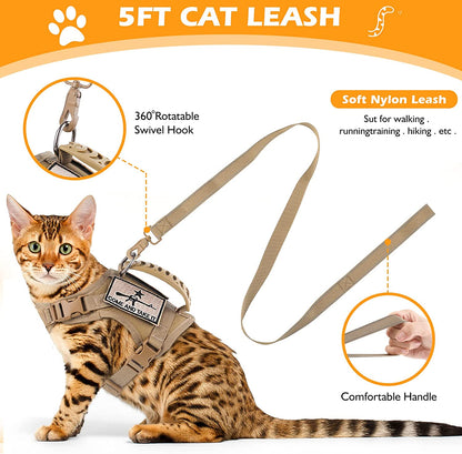 Tactical Cat Harness and Leash Set for Walking Escape Proof, Adjustable Large Cat Vest Harness with Molle Patches, Soft Mesh Padding, Rubber Handle Easy to Control Khaki