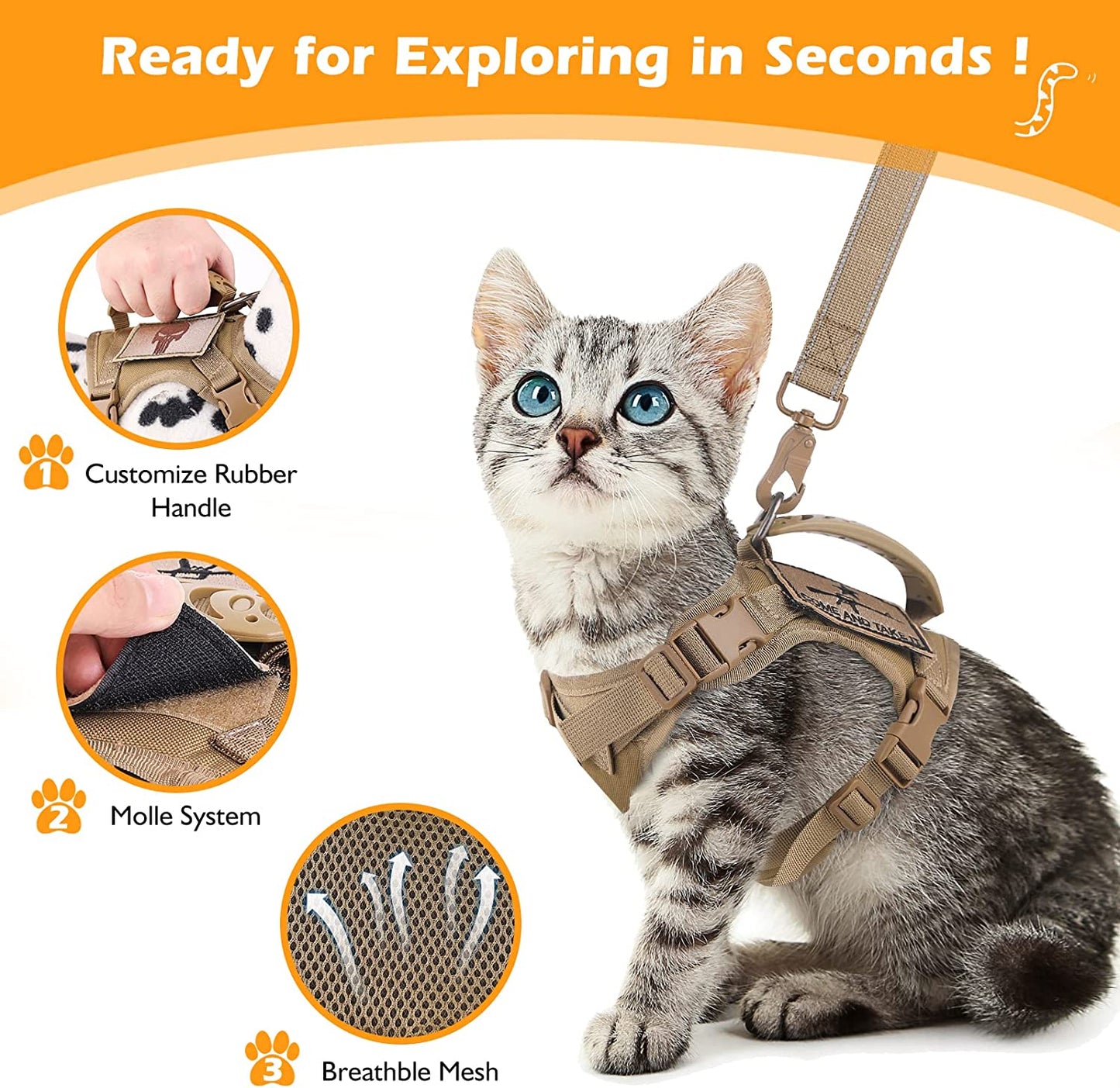 Tactical Cat Harness and Leash Set for Walking Escape Proof, Adjustable Large Cat Vest Harness with Molle Patches, Soft Mesh Padding, Rubber Handle Easy to Control Khaki